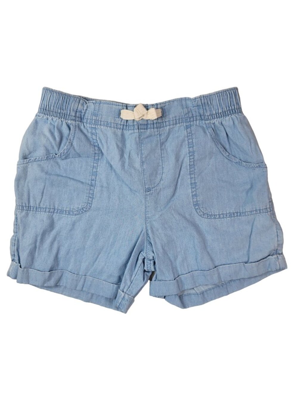 Wonder Nation Girls Cuff Shorts Blue Chambray SZ 10 Large Pocket Elastic Pull On